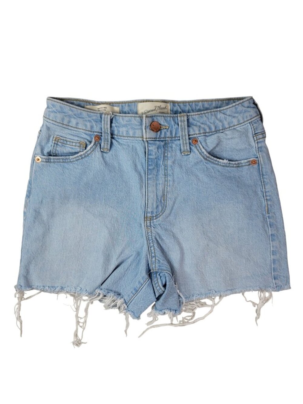 Universal Thread Women Vintage Midi Denim Shorts Blue SZ 0 25R Distress Cut Off